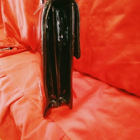 Black Faux Patent Leather Top Handle Vintage Briefcase Style Bag - Picture 5 of 11